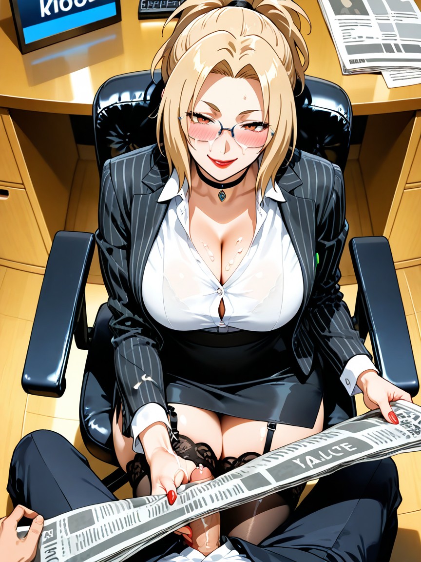 Sitting Down, Black Lace Garter Belt, Glasses AI Porn
