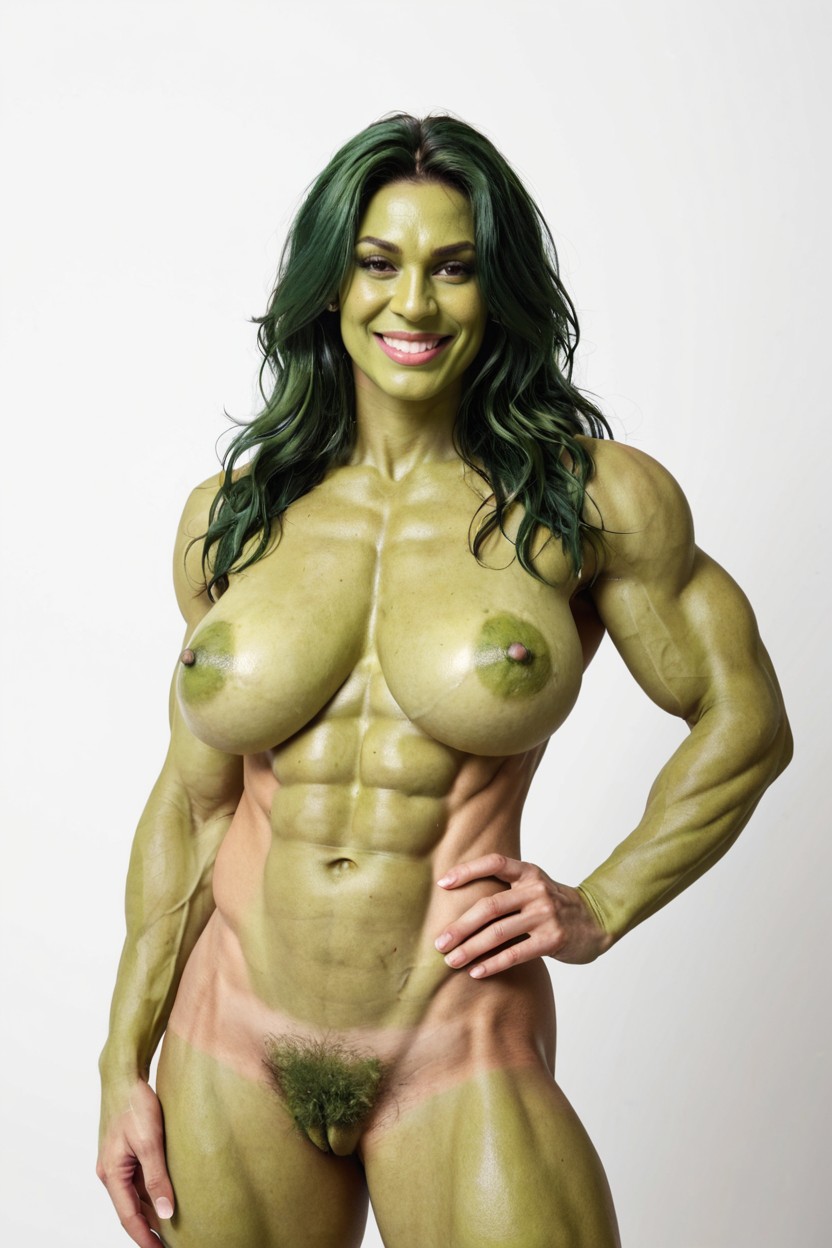 Very Long Green Hair, Beautifulshe Hulk, Very Athletic Body AI Porn
