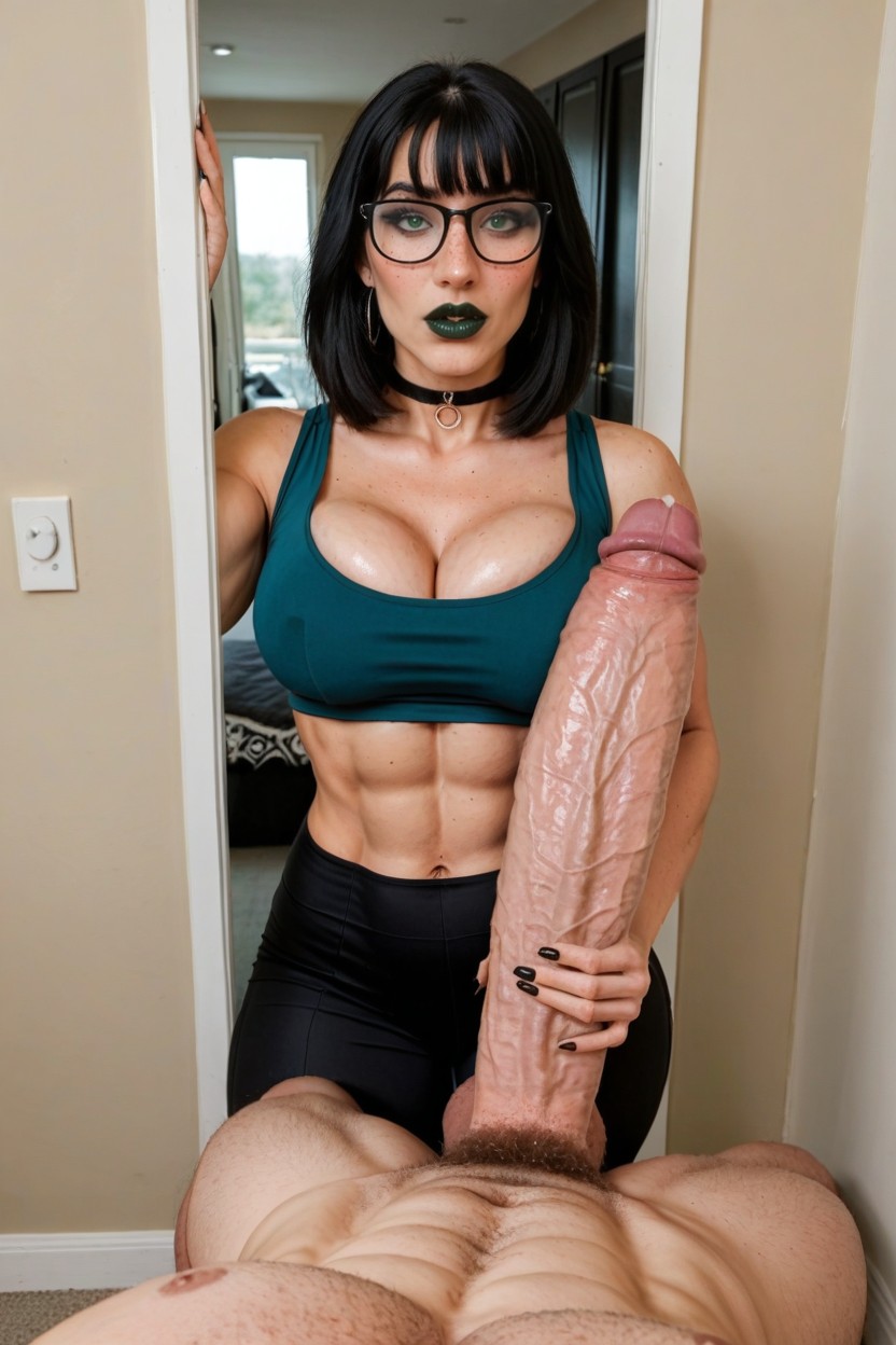 Round Face, Green Eyes, Grasping Cock AI Porn