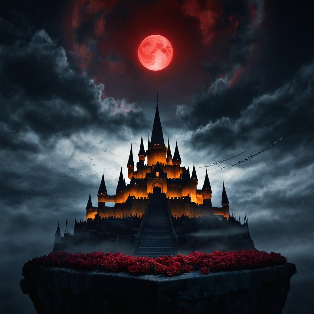 Dramatic Studio Lighting, No Human Figure, A Massive Red Moon Looming In The Background With Dark Clouds AI Porn