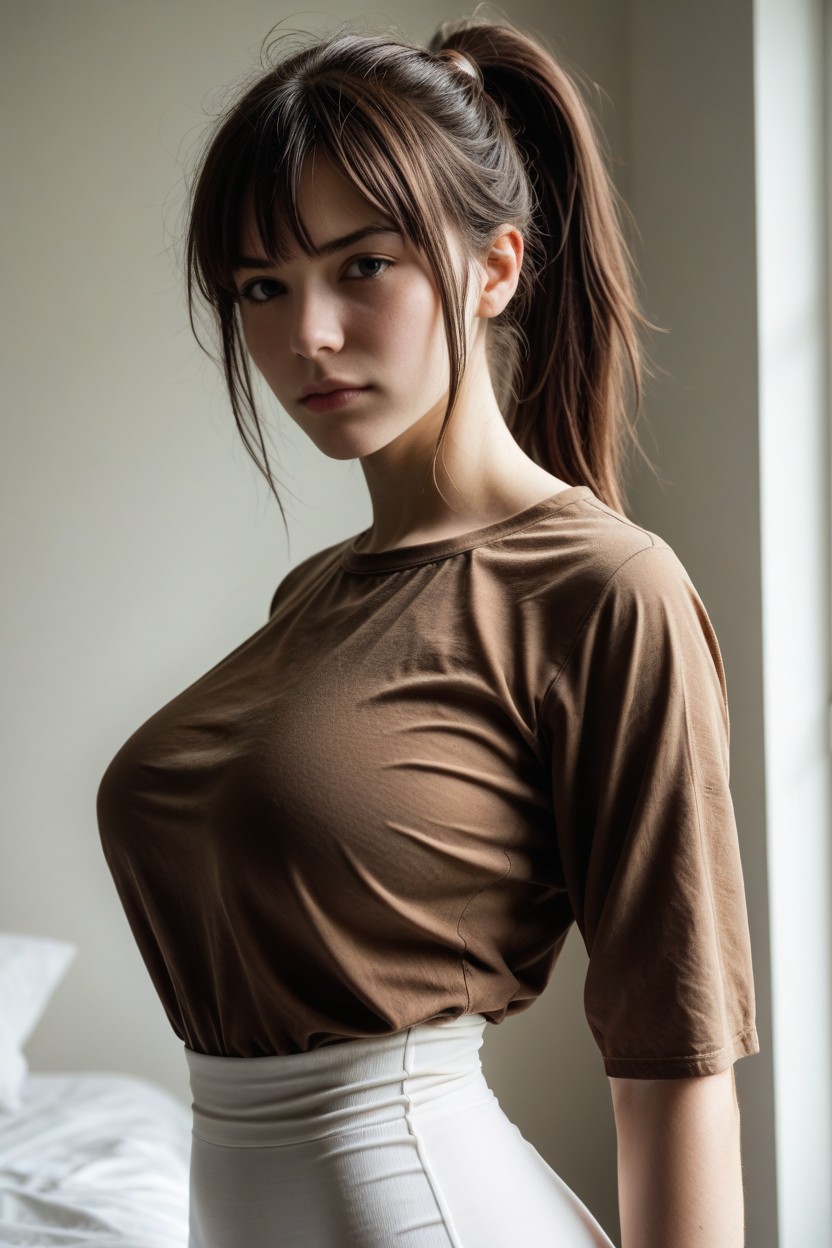 Brunette, Vista Lateral, Form Fitting Top Porno IA