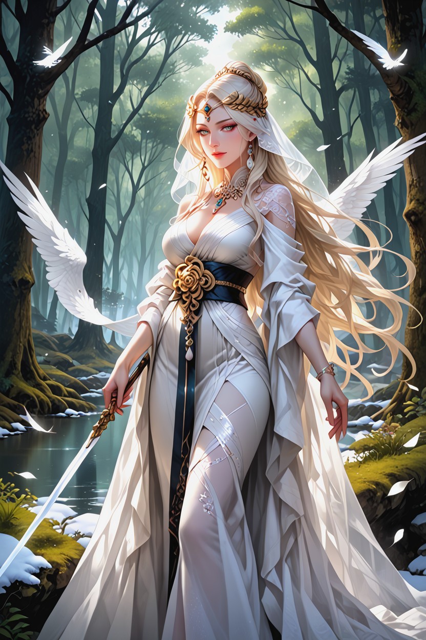Mist At Her Feet, Pale Luminous Skin, High Fantasy Style Porno IA
