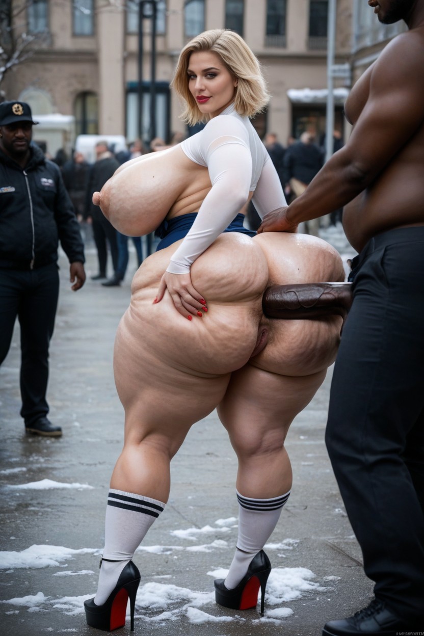 Very Saggy Boob, Calcetines Hasta El Muslo, Vista Lateral Porno IA