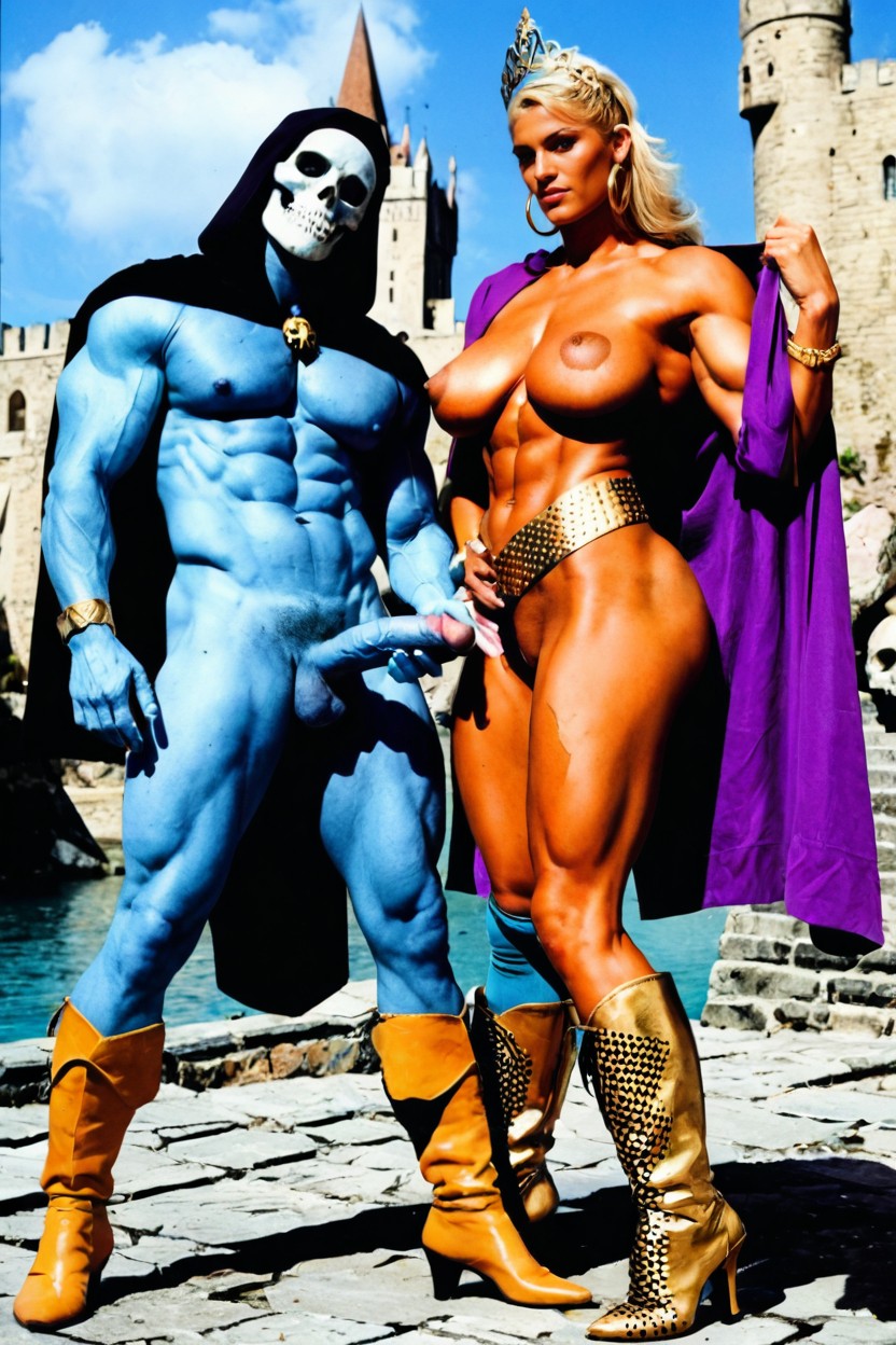 Blue Skin With Purple Armor, Breasts Visible, Extra Long Hard Erect Nipples Porno IA