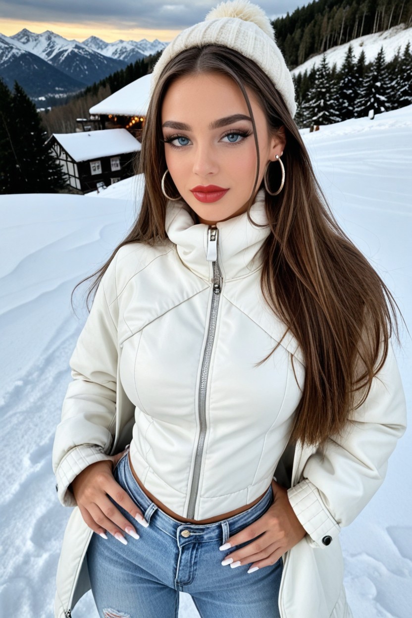 Winter Thigh-length Boots Covering Her Jeans, Small Ass, Party AI Porn