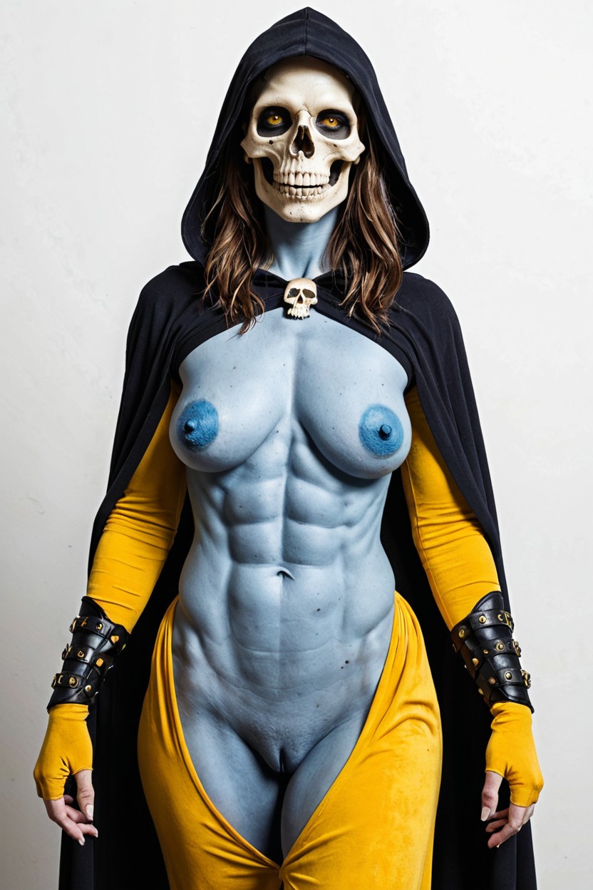 Medium Sized Tits, Glowing Yellow Evil Skull Face, Blue Skin Entire Body AIポルノ
