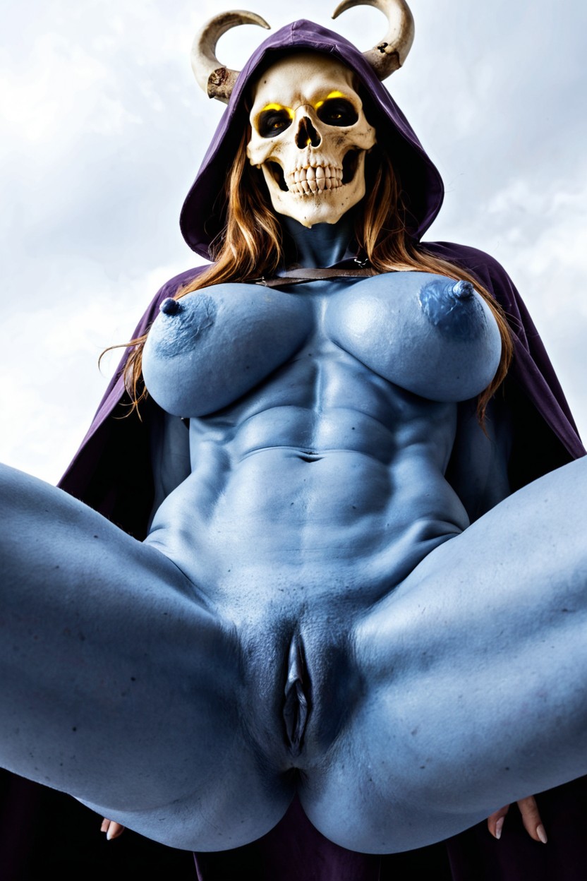 Has A Purple Hooded Skull For A Head, Medium Sized Tits, Hyper Detailed Nipples AI Porn