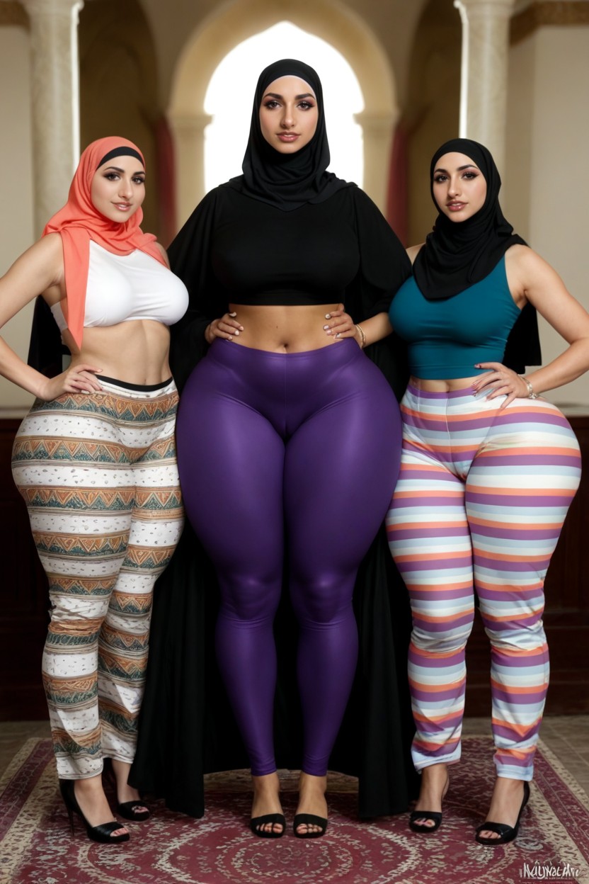 Focus On Three Hijab Woman Goddess Of Beauty Extrêmement Beautiful, Form Fitting Pants, Thick Thighs AI Porn