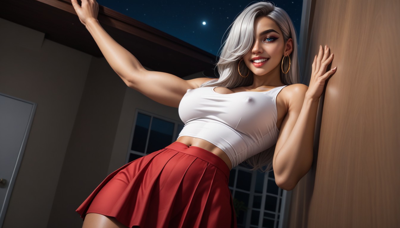 Happy, Sexually Photogenic, Standing Against Wall AI Porn