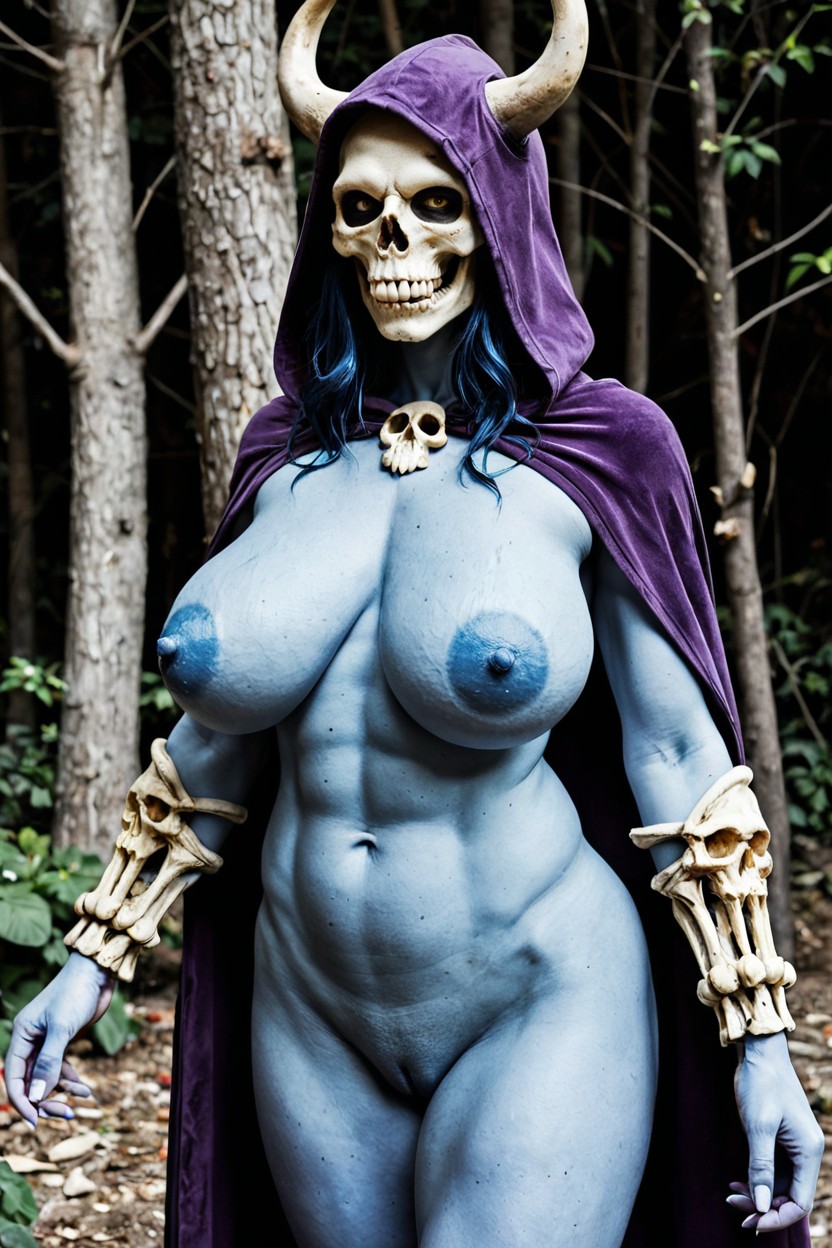 Skull And Crossbones Armor On Her Chest, Blue Skin, Dimpled Nipples AI Porn
