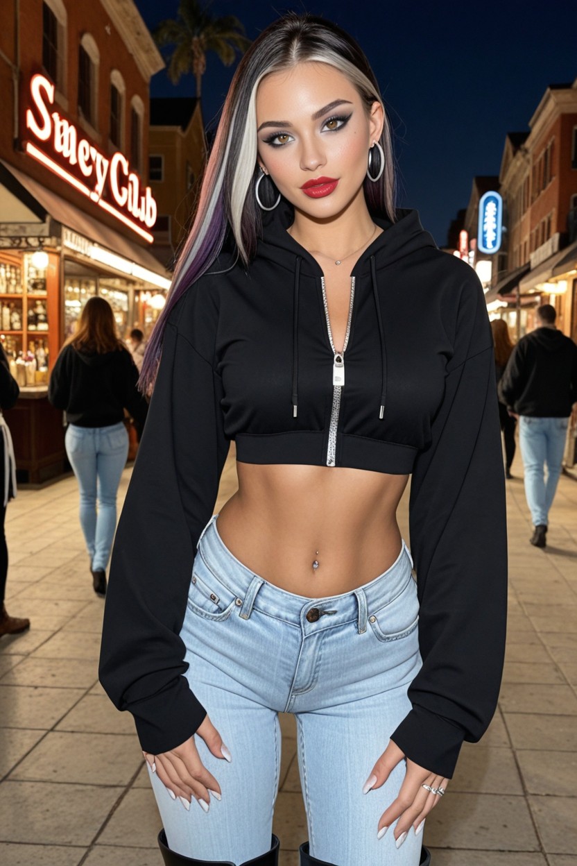 Rave Lighting, Silver Naval Piercing, Pouty Lips With Bright Red Lipstick AI Porn