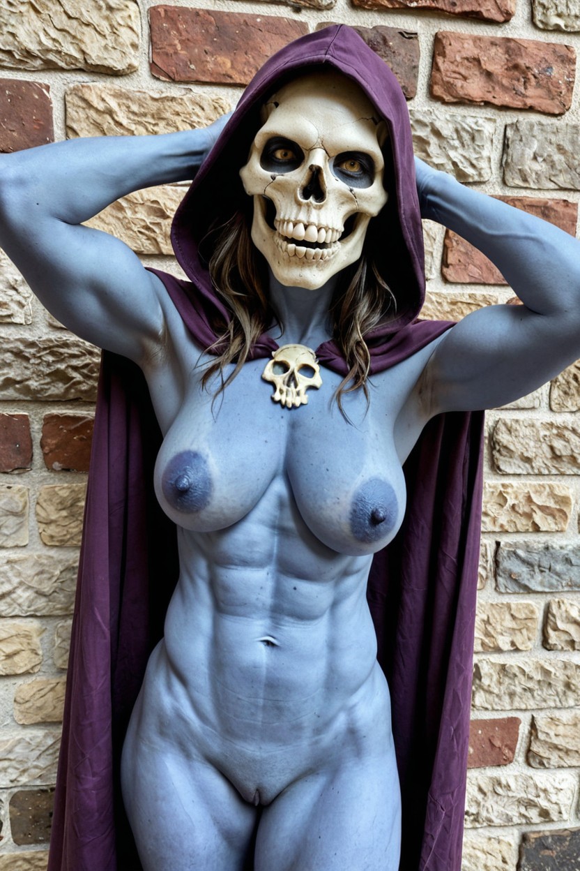 Very Long Thick Nipples, Hooded Skull Is Her Face And Head, Side View AI Porn