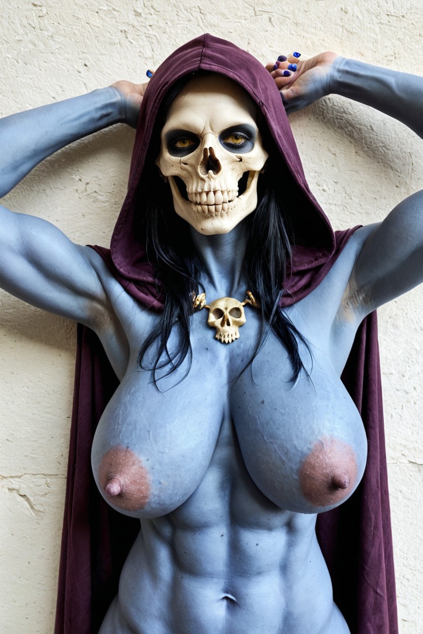Dimpled Erect Blue Nipples, Hooded Skull Is Her Face And Head, 25+ AI Porn