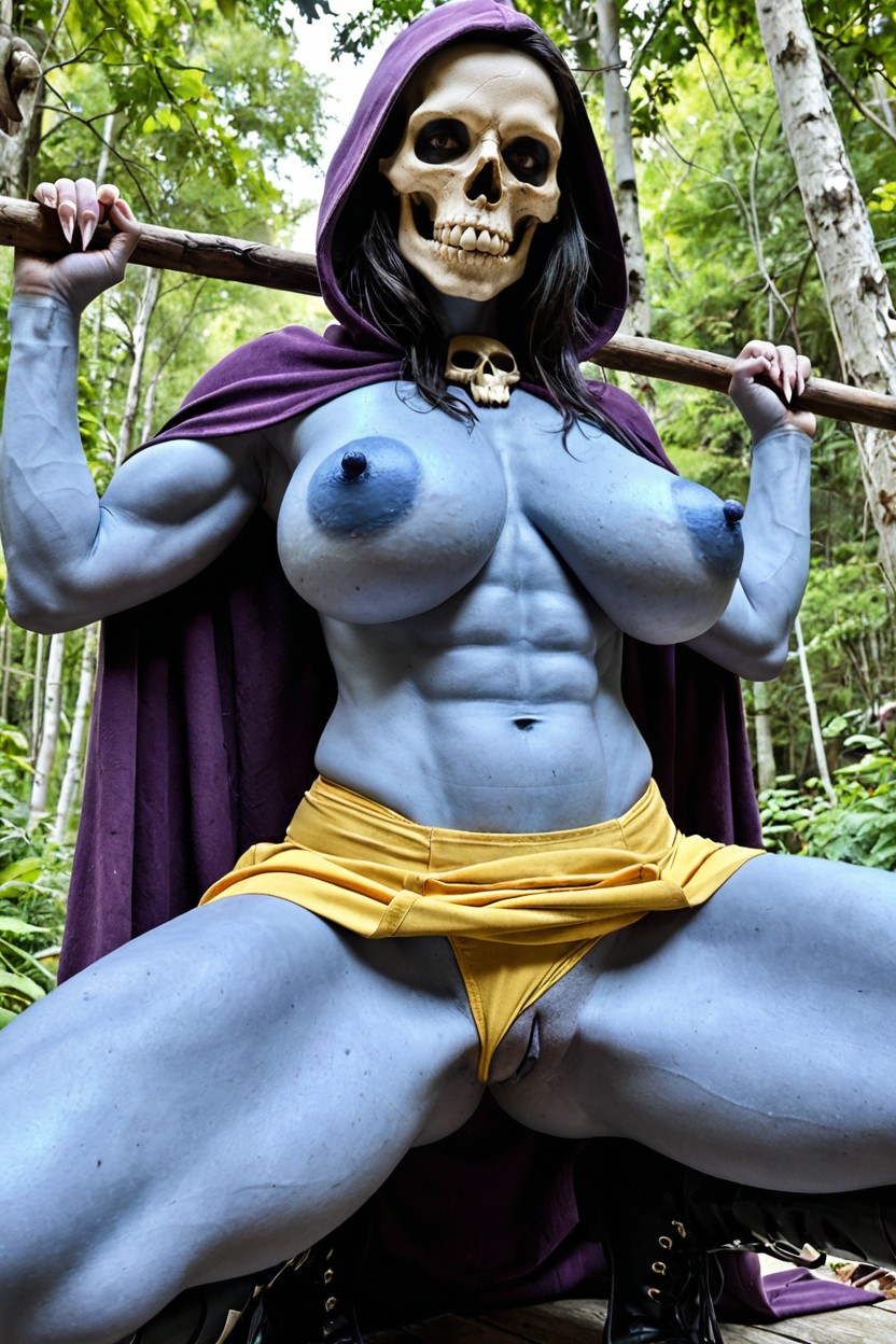 Natural Breasts, Has A Purple Hooded Skull For A Head, Huge Long Thick Nipples AI Porn