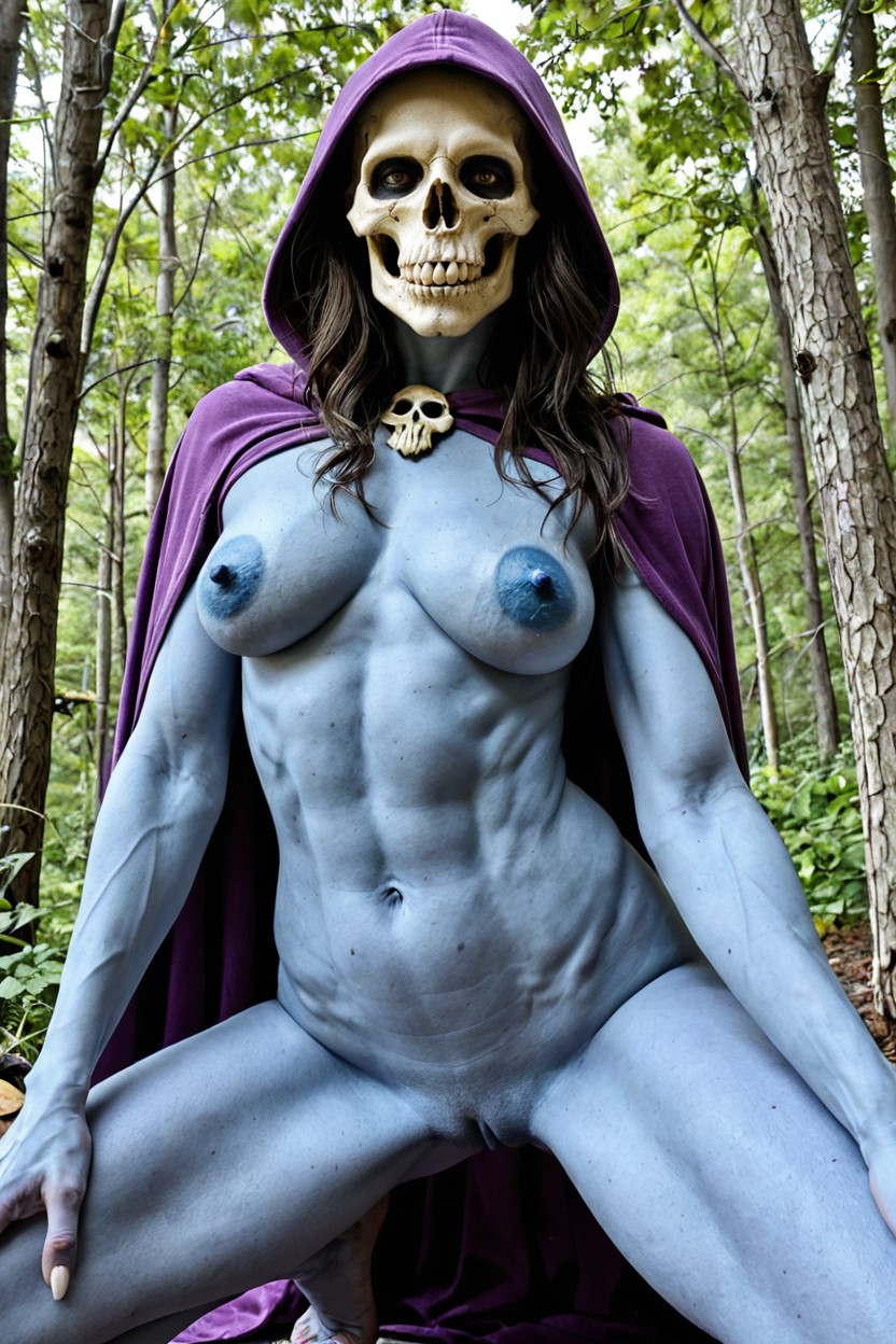 Small Breasts, Has A Purple Hooded Skull For A Head, Super Erect Long Nipples AI Porn