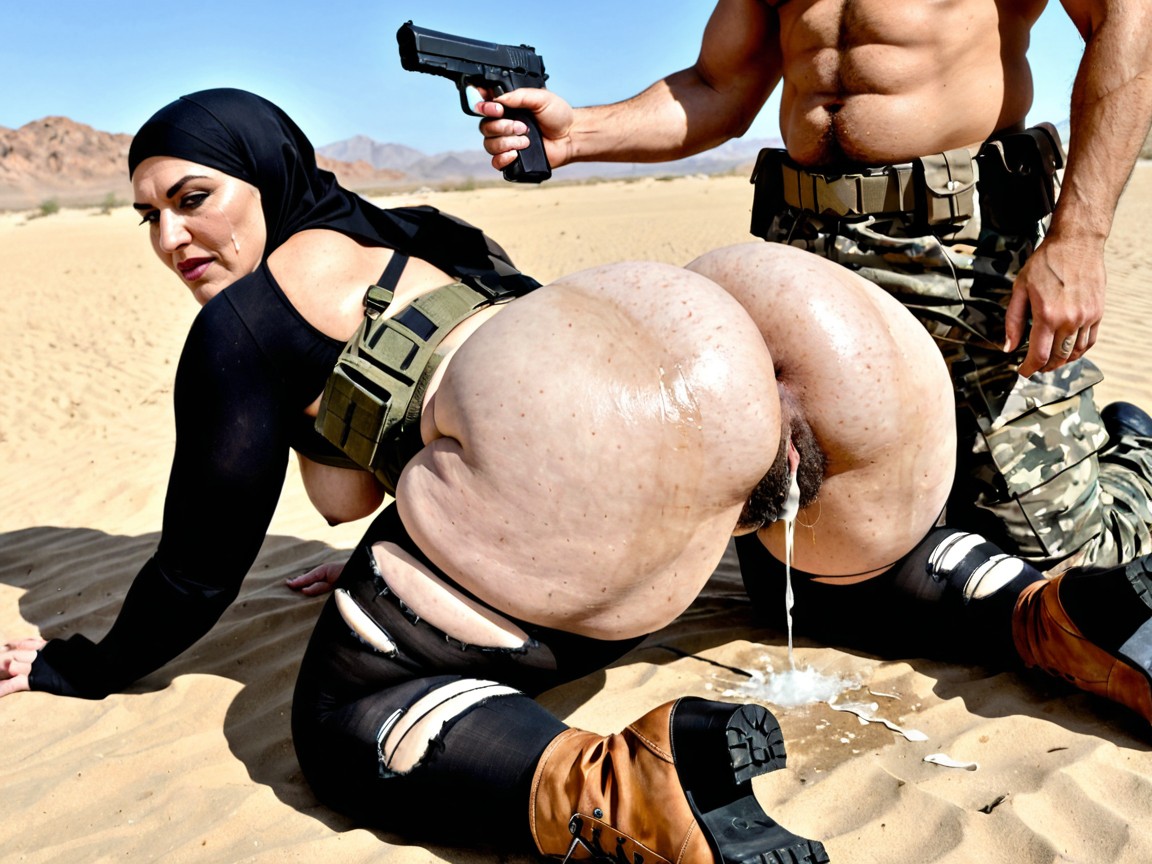 On The Floor, Pale Man Behind A Woman, Hijab Pornografia de IA
