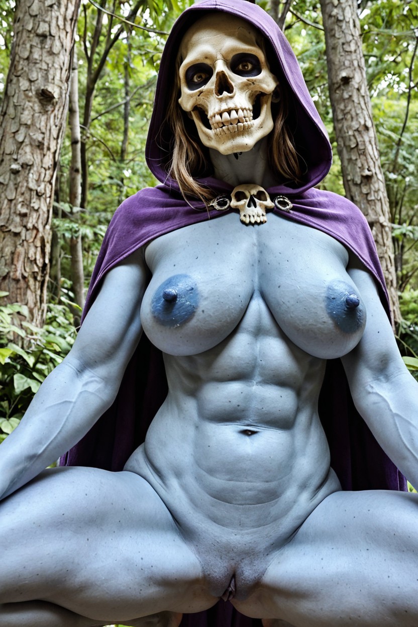Hyper Long Blue Nipples, Hooded Skull Is Her Face And Head, Medium Blue Skin Entire Body Porno IA