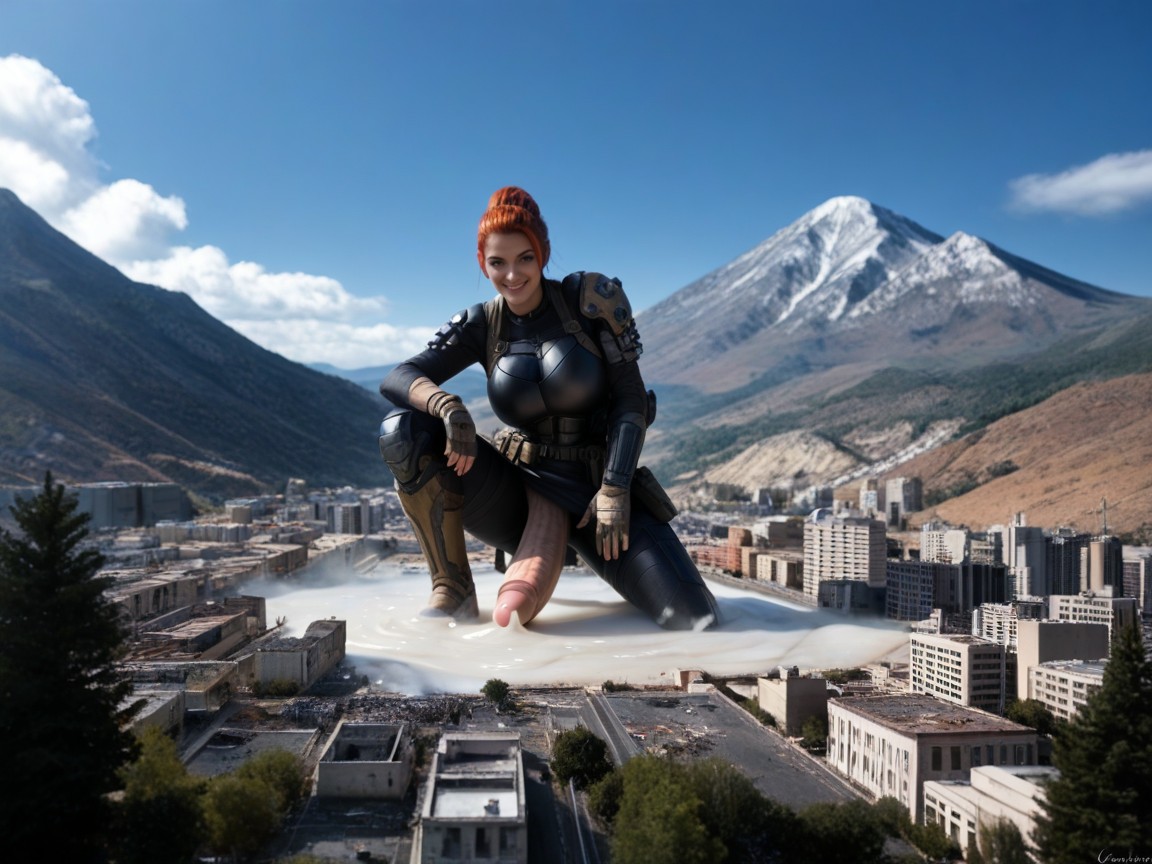Smug Expression, Sleek Desert Camo Panels And Segmented Plating Armored Skirt With Lavered Tan Fabric Panels, Mega Giantess AI Porn