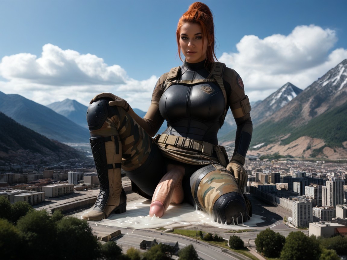 City, Structured Tan Camo And Black Armored Bodysuit With Desert Camo Accents, Blue Sky AI Porn