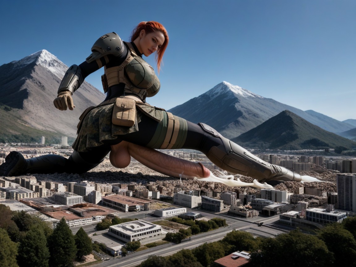 Structured Tan Camo And Black Armored Bodysuit With Desert Camo Accents, Inhuman Amounts Of Cum, View From Below AI Porn