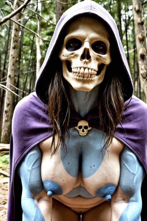 Perfect Natural Breasts, Natural Retrousse Tits, Has A Purple Hooded Skull For A Head Porno IA