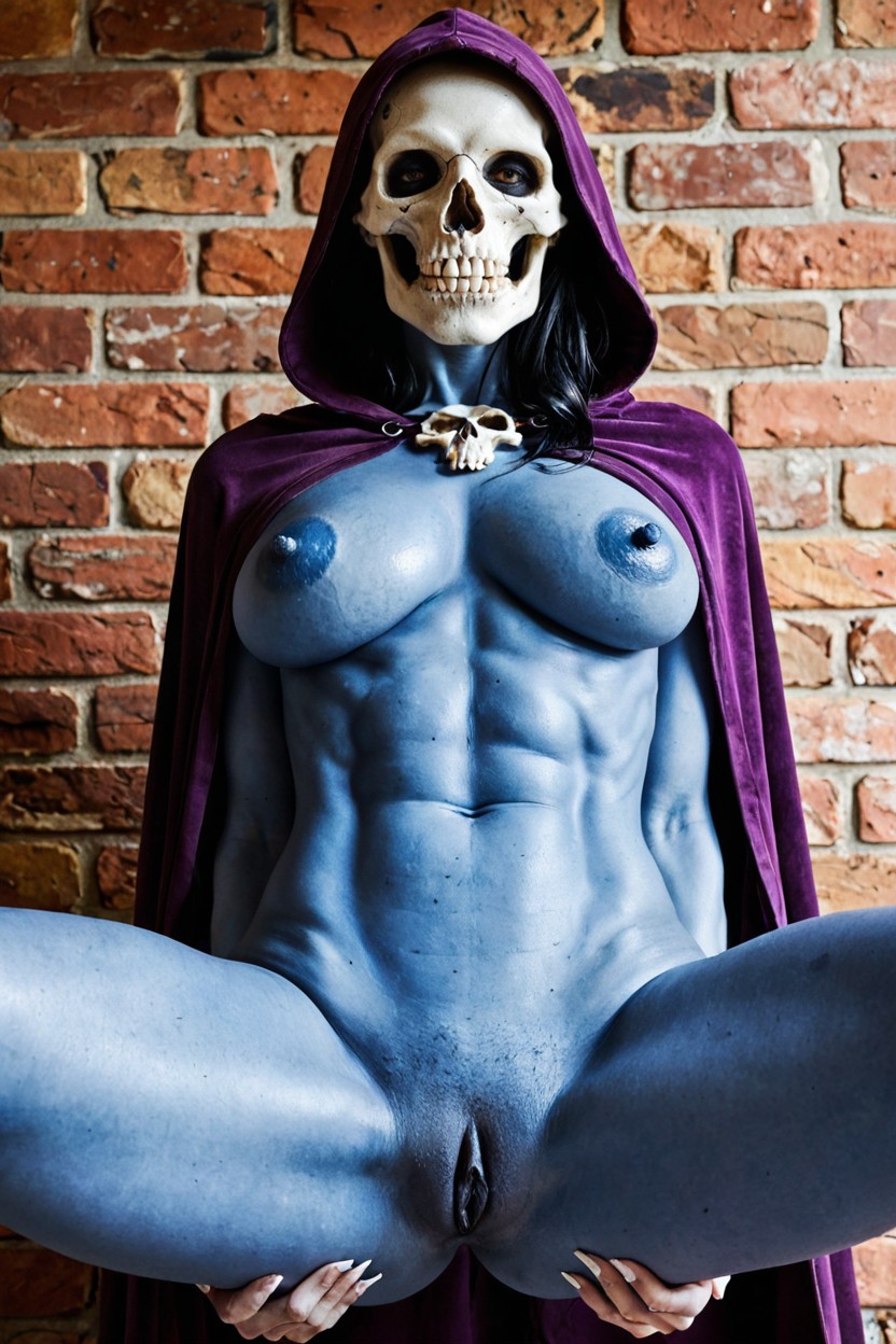 Perfect Natural Breasts, Purple Hooded Cloak, Evil Looking Skull Face Porno IA