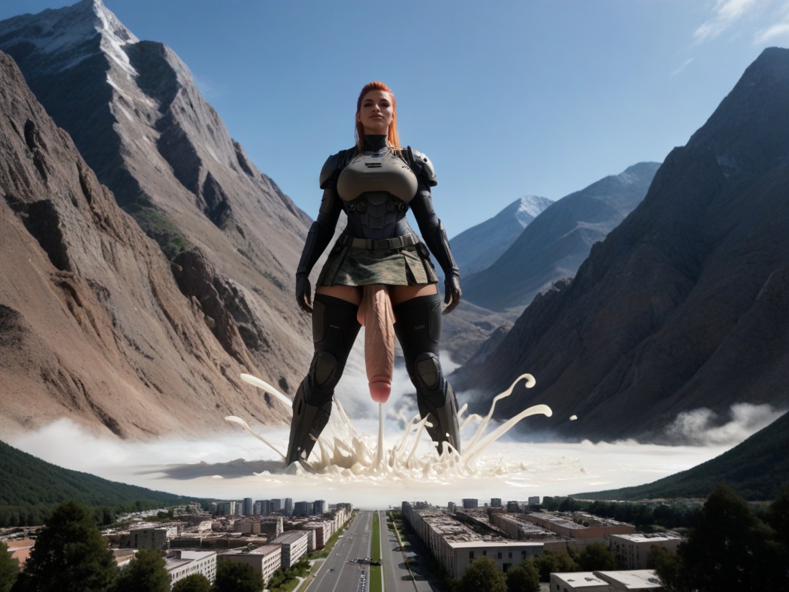 Giant Cock, Sleek Tan Camo Panels And Segmented Plating Armored Skirt With Lavered Tan Camo Fabric Panels, Massive Erect Cock AI Porn