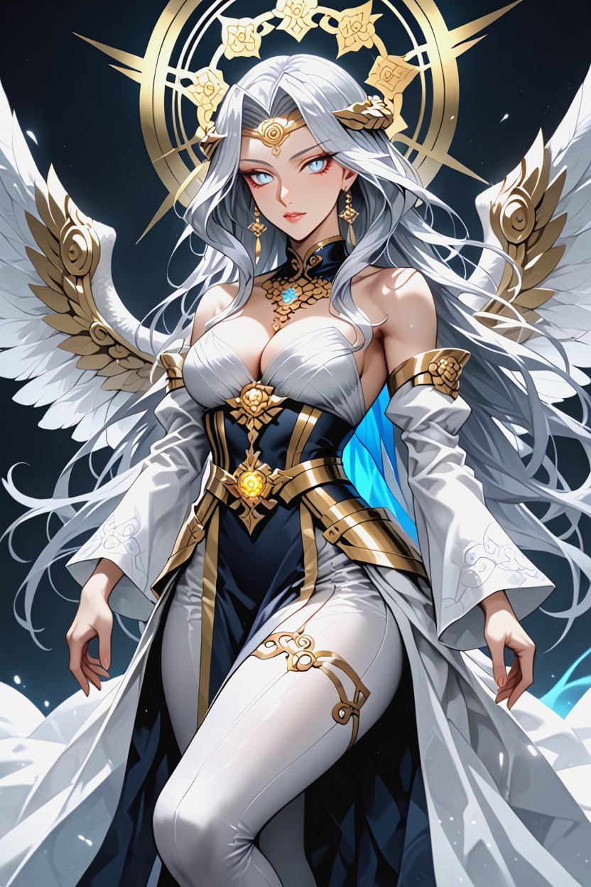 Detailed Lineart, Large Luminous Angel Wings Partially Visible Behind Her, Japanese AI Porn