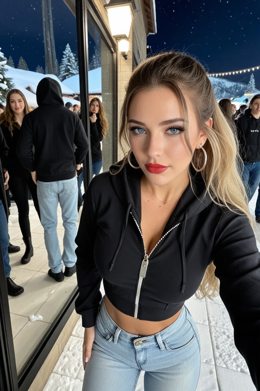 Small Ass, She Is Wearing A Black Hoodie, Many People Around AI Porn