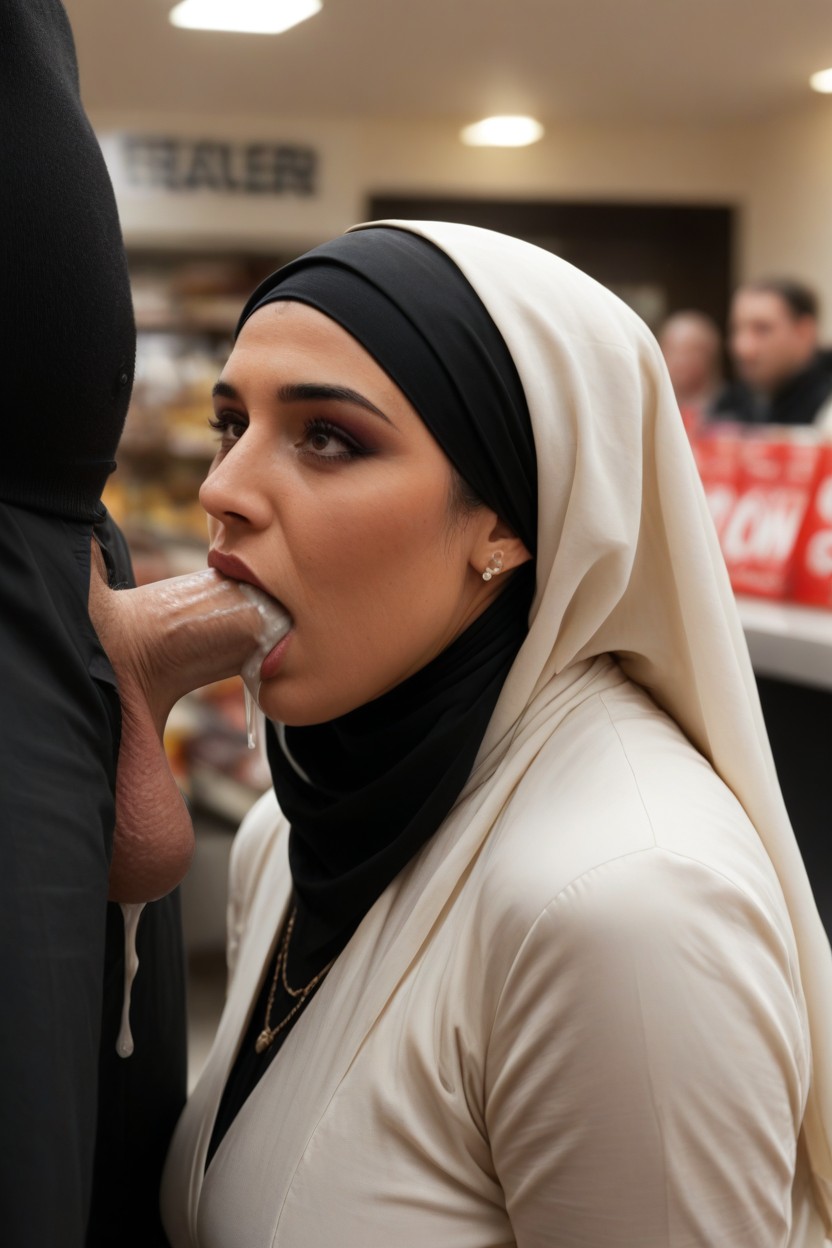 Hijab, 통통한 체형, Surprised At Size Of Cock Expression On Face AI 포르노