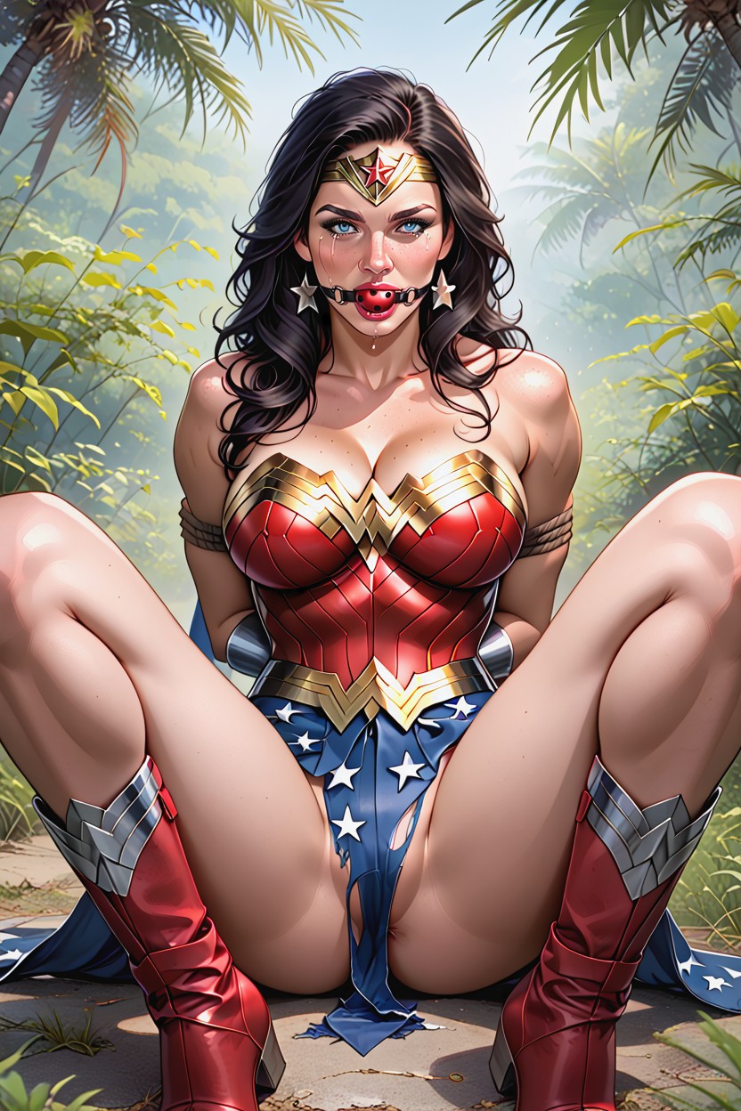 Happy Crying, With Her Wonder Woman Tiara And Her Wonder Woman Bracelets, Ball Gag AI Porn