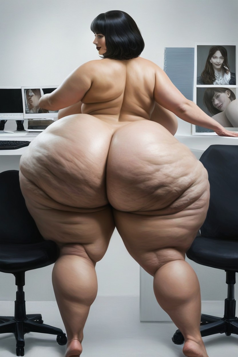 Sonriendo Con La Boca Abierta, Oily Skin Wide Tall Ssbbw Woman, Extremadamente Pesado En La Parte Inferior Porno IA