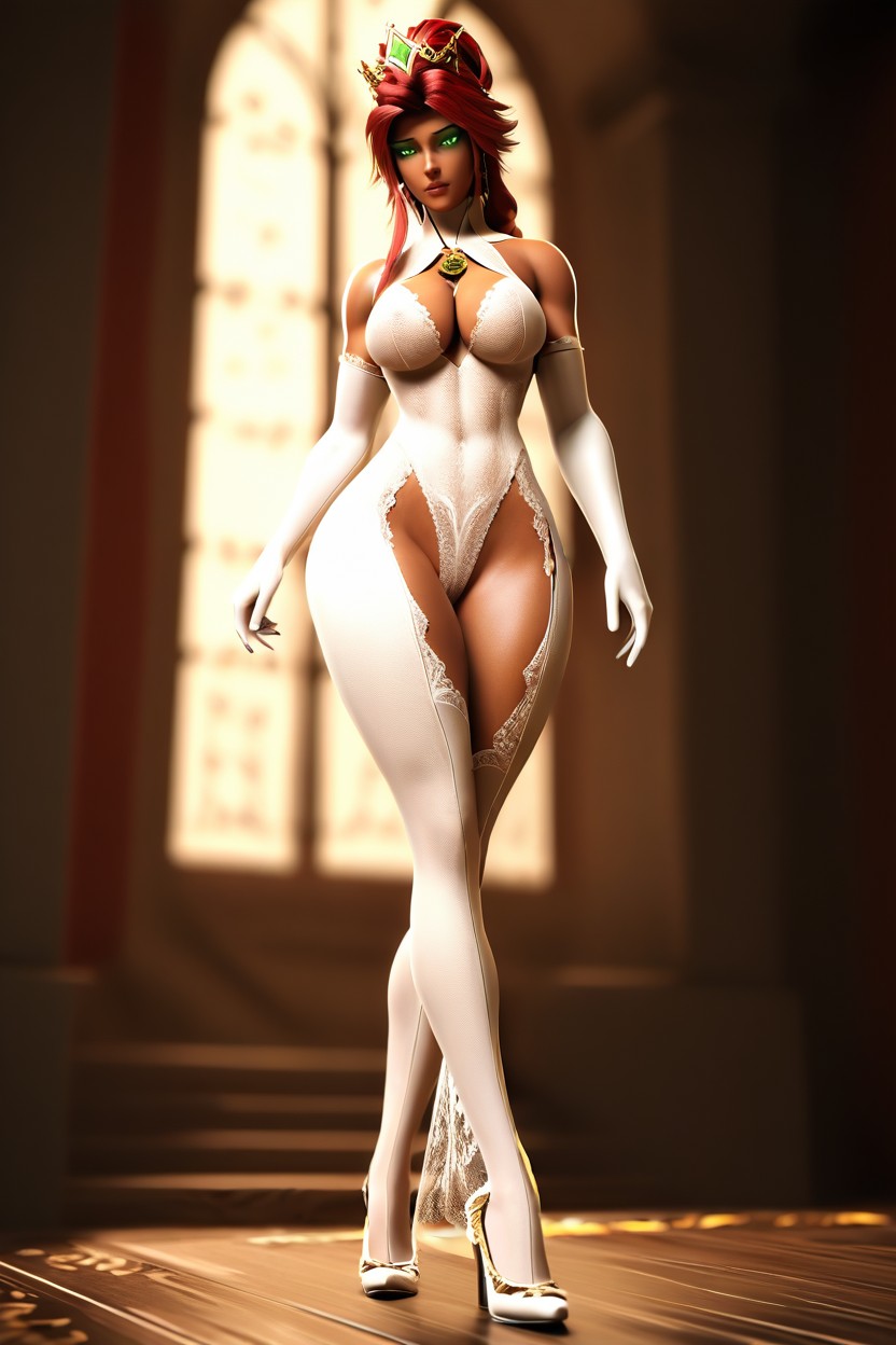Hair Reaches Her Buttocks, Ornate White Medieval Royal Gown, Atado Porno IA