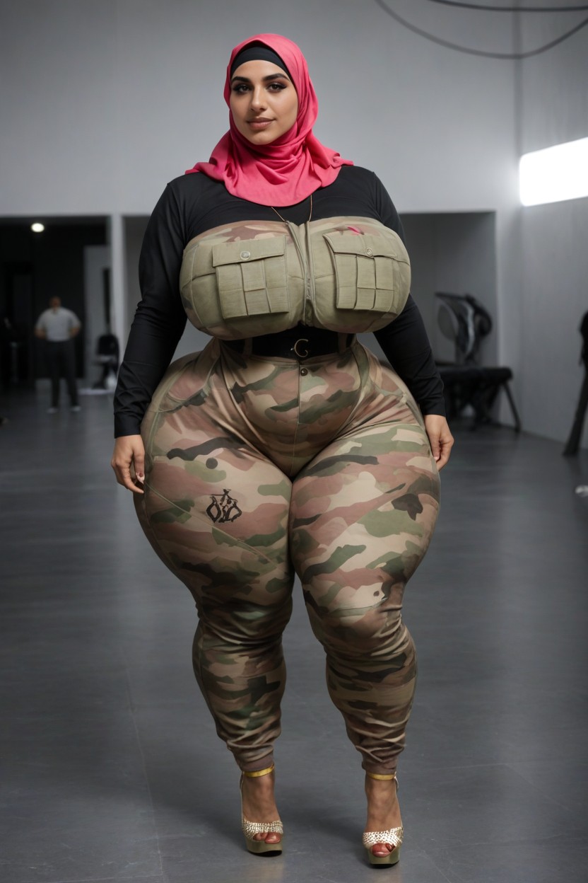Detailed Faces, かわいい, Ocus On Hijab Woman In Pink Camouflage Bodysuit AIポルノ