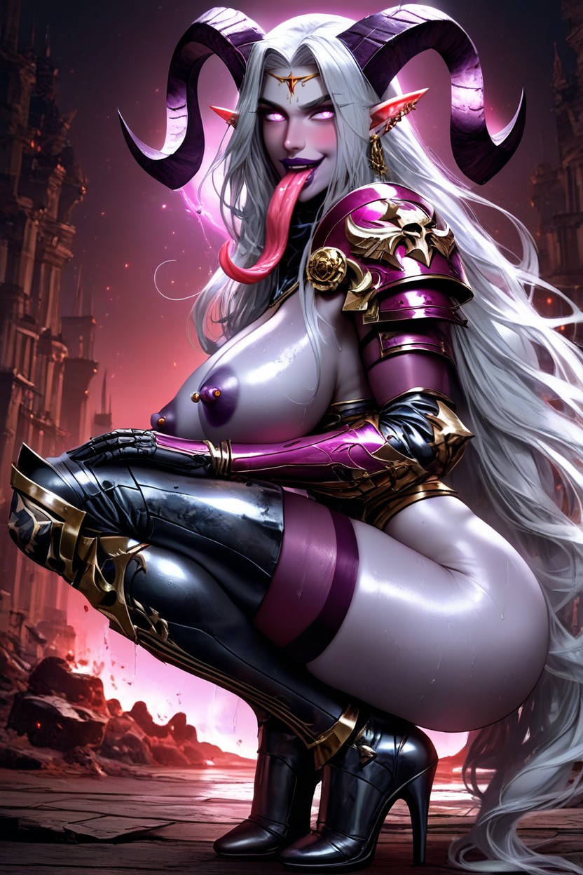 Large Horns, 25+, Thigh High Purple Stockings AI Porn