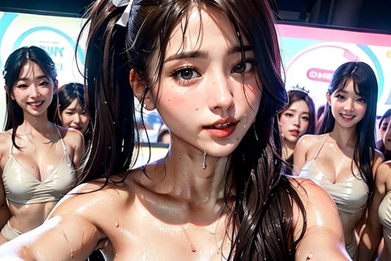Hair Band, All Naked Six Women Standing In A Single File Line, Ponytail AI Porn