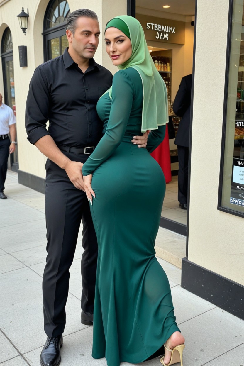 Pretty Scandinavian Woman With Green Hijab, Black Man Behind Hijab Woman, Culo De Burbuja Porno IA