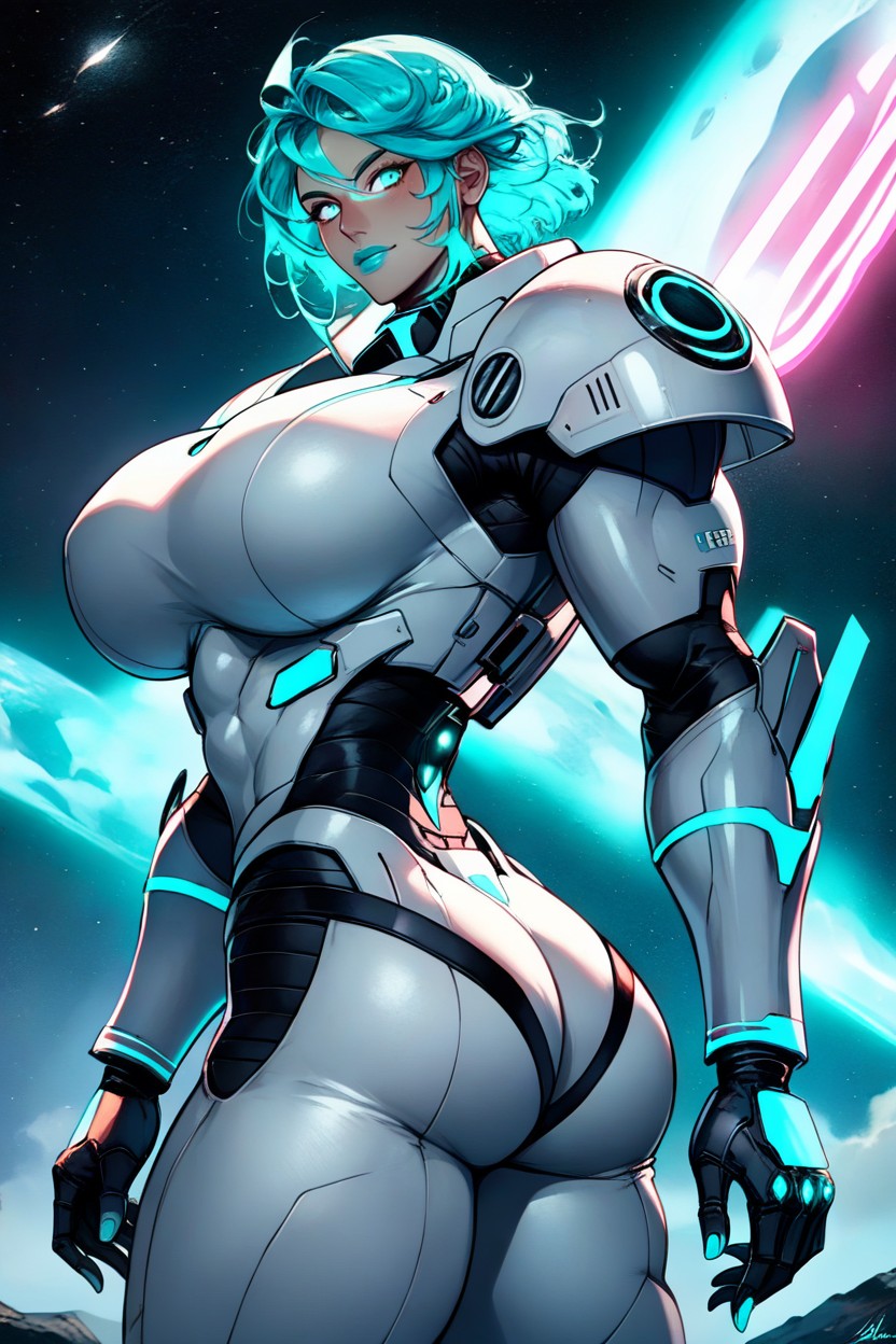 Glowing Neon Aqua Eyes, Tan Skin, Arms Spread Out With Neon Aqua Energy Blasts Emanating From Hands AI Porn