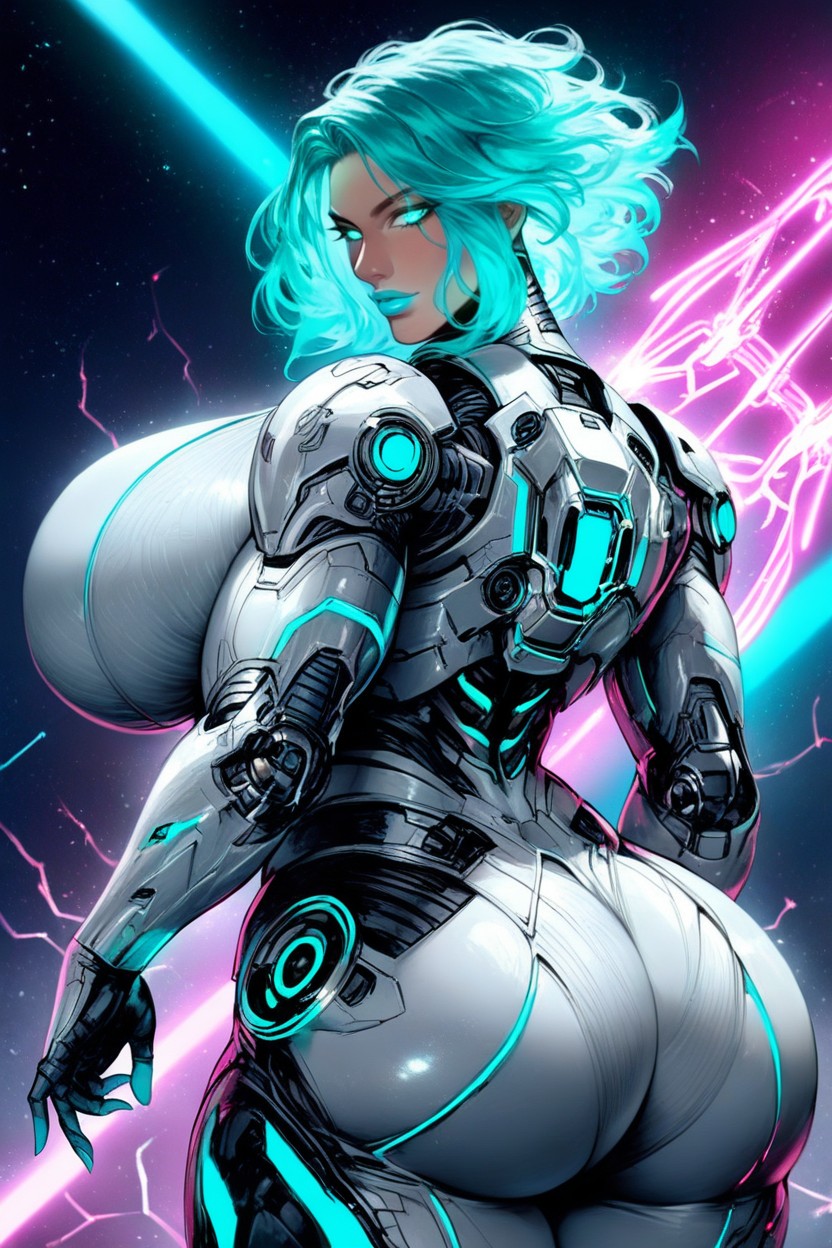 Neon Aqua Hair, Breasts Squeezed Together Under Breastplate Of Armor Long Glowing Neon Aqua Hair With Streaks Of Glowing Magenta, Space Suit AI Porn