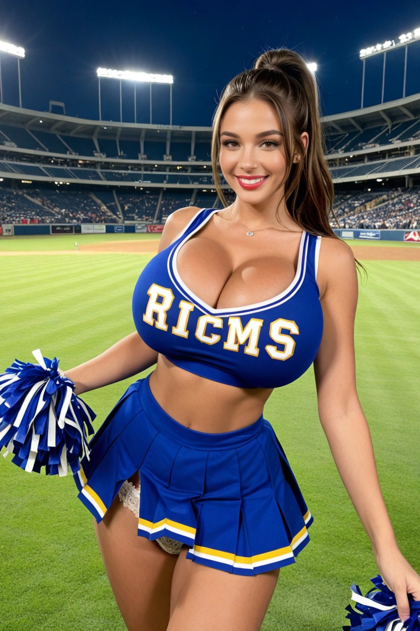 Bottom View, Brunette Cheerleader, Chest Covered With Uniform AI Porn