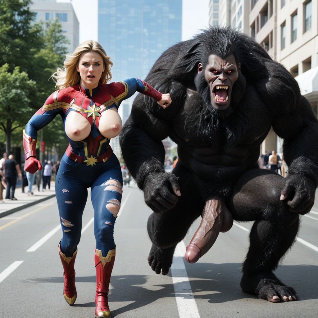 Captain Marvel Running Away From Beast, Erect Hyperpenis, Thick Penis AI Porn
