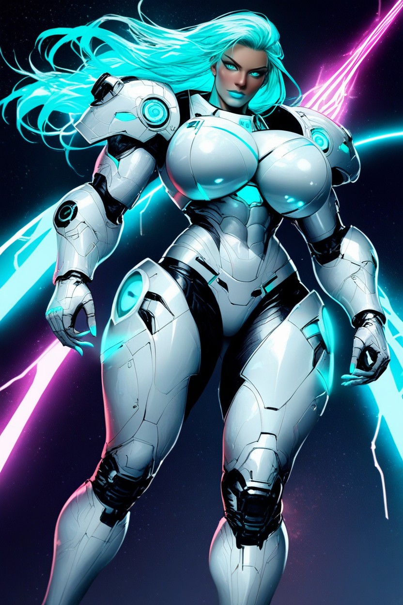 No Bare Skin, Facing Camera, Body In A Dynamic Battle Pose And Holding A Cybernetic Bo Staff AI Porn
