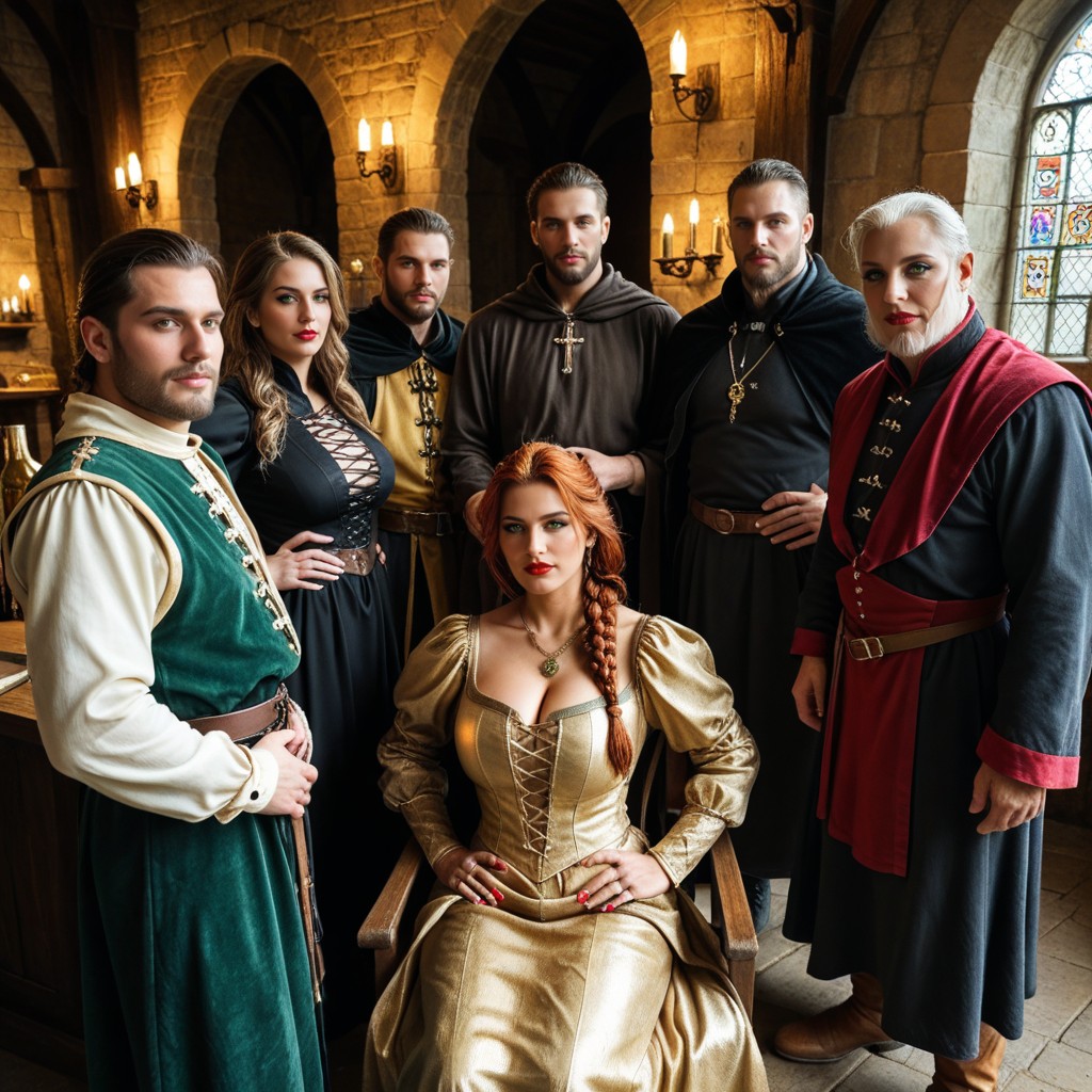 In Castle, Wears Royalty Long Dark Green And Gold Medieval Dress, Accessories AI Porn
