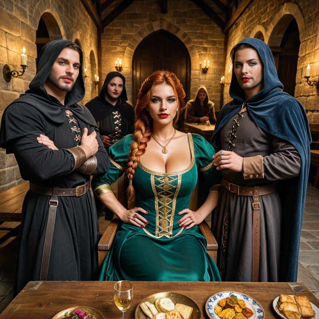 Large Golden Necklace With A Large Gargoyle Pendant, Medieval Woman, Braided AI Porn