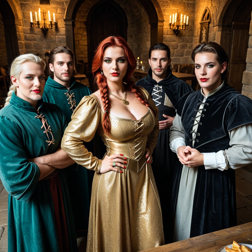 Medieval Woman, Red Lipstick, Wears Royalty Long Dark Green And Gold Medieval Dress AI Porn