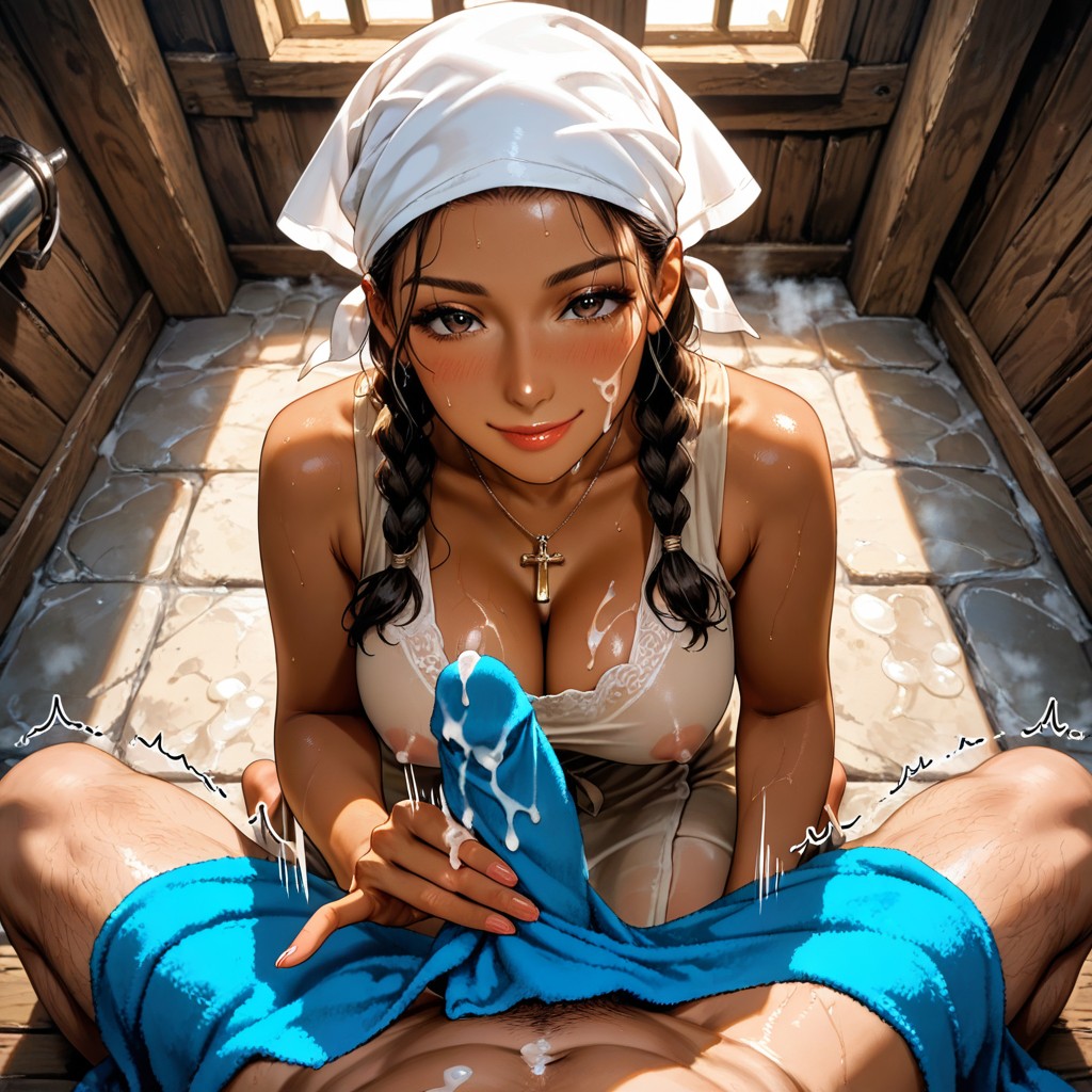 She Use Both Hands, Shower, Blue Towel On Man Erection AI Porn