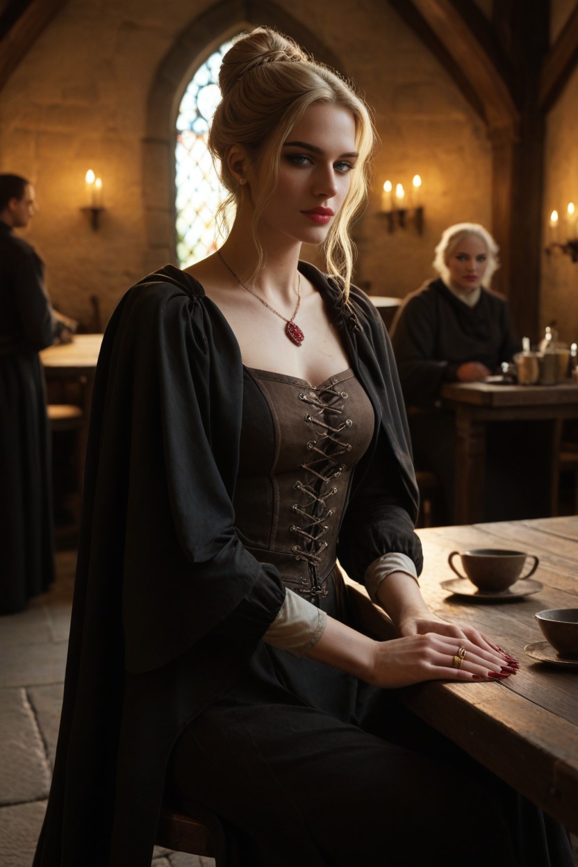 Wears Royalty Long Dark Crimson Medieval Dress, Small Ass, Looking Toward Viewer AI Porn