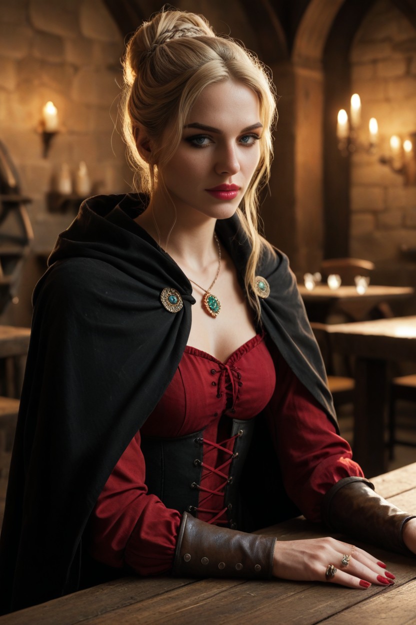 Wears Royalty Long Dark Crimson Medieval Dress, Bold, Calculating AI Porn