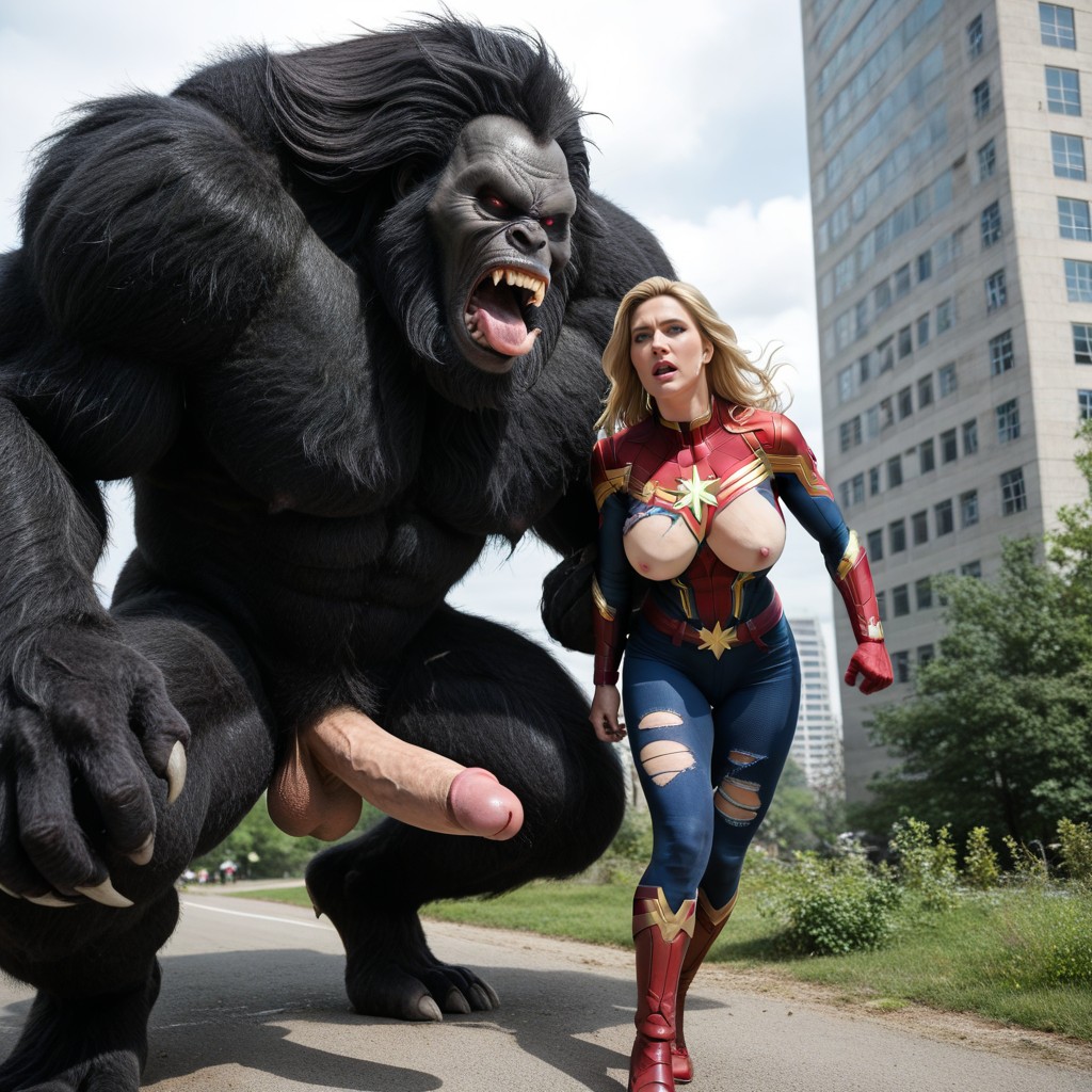 Blonde Hair, Captain Marvel Running Away From Beast, Exposed Pubic Hair AI Porn