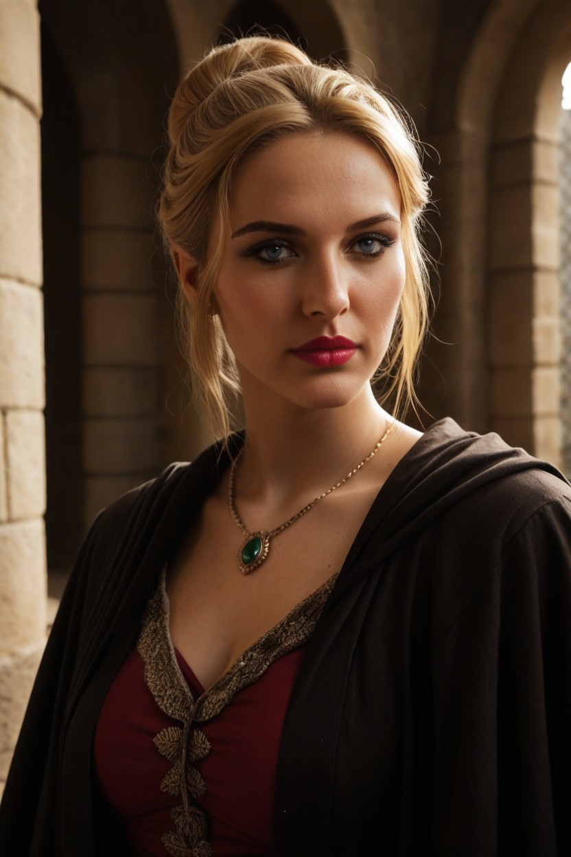 Medieval Woman, Large Golden Necklace With A Large Emerald Pendant, Hair Bun AI Porn